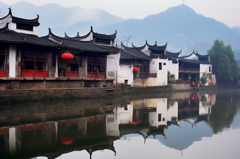 白墙灰瓦摄影真实水边的建筑,高清,摄影图,摄影图片,图片大全,摄影图免费下载